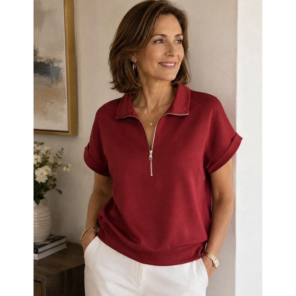 Zenana Collar Quarter Zip Cap Sleeve Pullover Burgandy color size 3x
